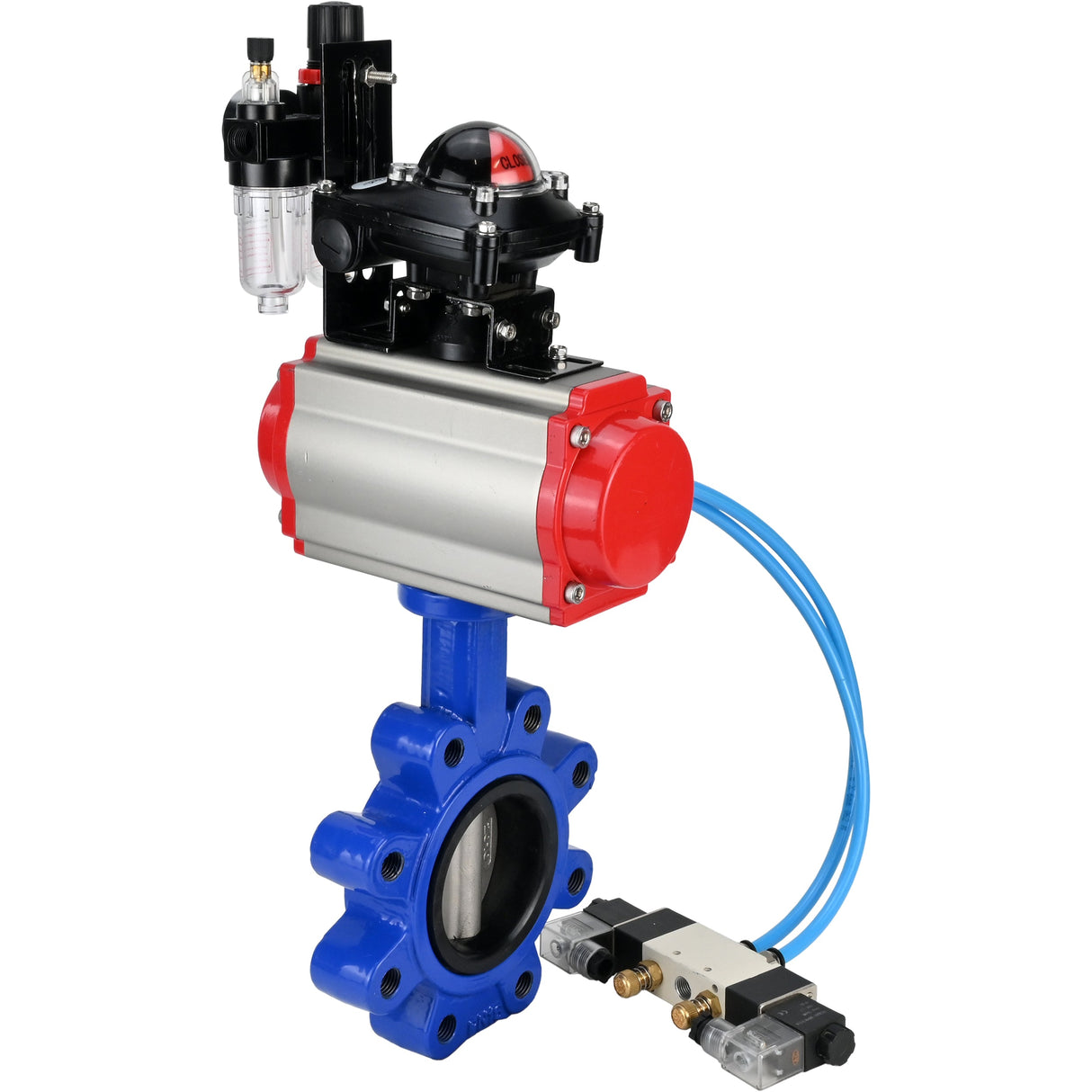 Wasser-Schmetterlingsventil Elephant WBV1631E-2W-Fb-H, Gehäusematerial - Gusseisen QT450, Scheibenmaterial - Edelstahl AISI 304, Dichtung - EPDM, pneumatischer Antrieb PA-SA mit Rückstellfedern, 4V320-10 220V, LSU APL-210N, ATU AFC2000