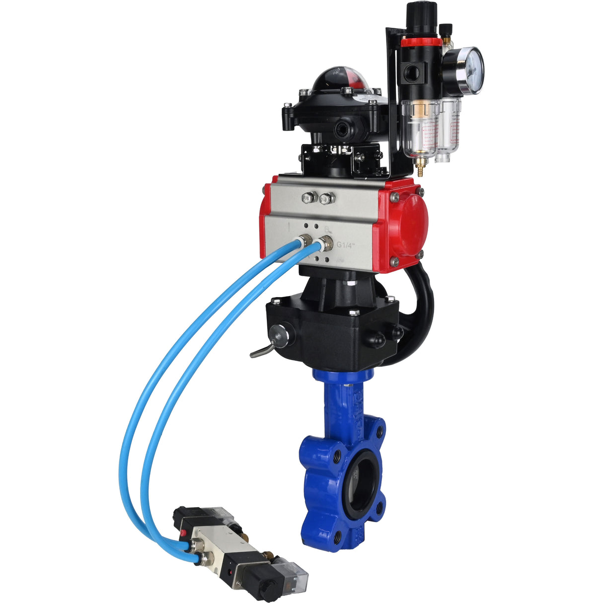 Wasser-Schmetterlingsventil Elephant WBV1631N-2W-Fb-H, Gehäusematerial - Gusseisen QT450, Scheibenmaterial - Edelstahl AISI 304, Dichtung - NBR, pneumatischer Antrieb PA-DA Doppelwirkung, 4V320-10 220V, LSU APL-210N, Handrad MON, ATU AFC2000