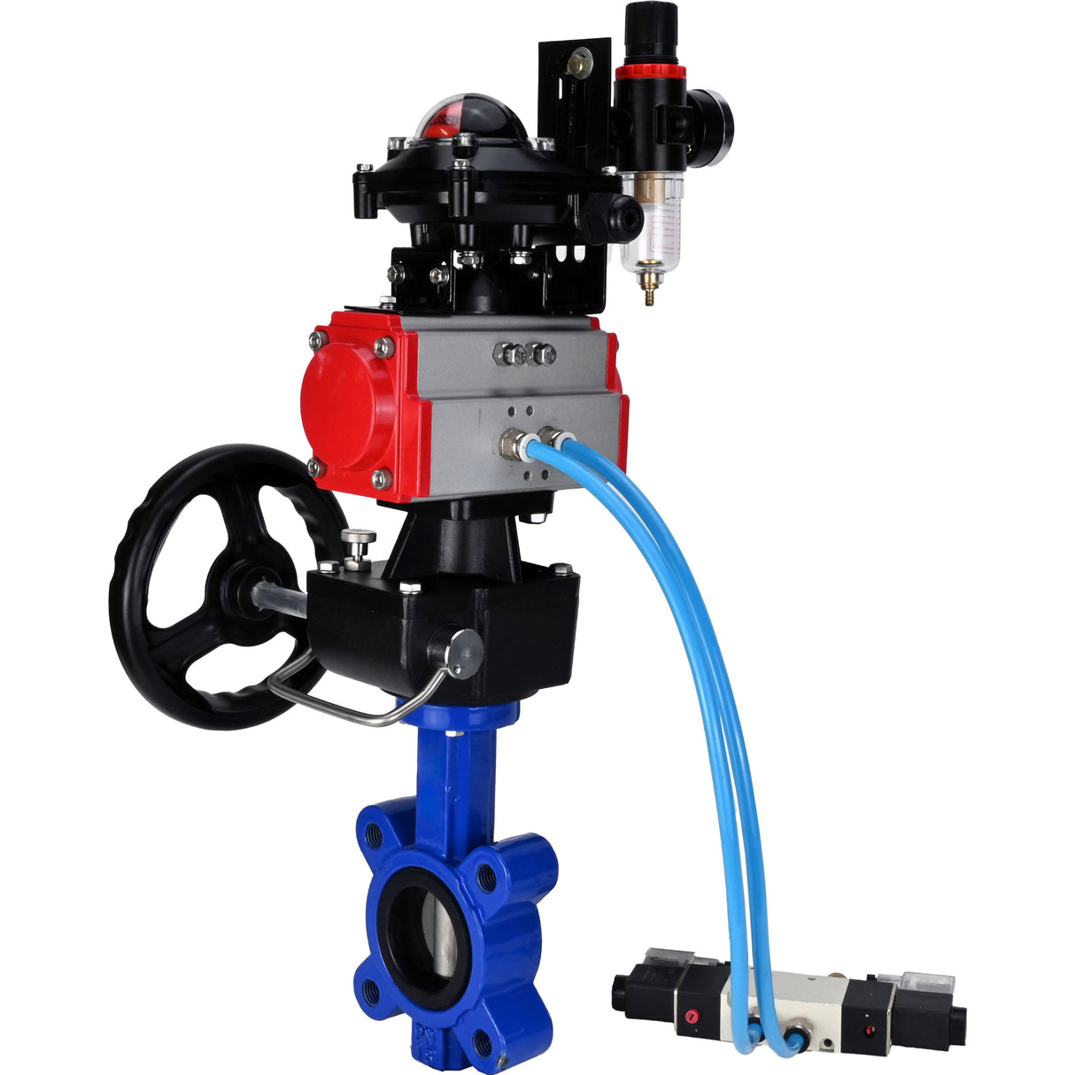 Wasser-Schmetterlingsventil Elephant WBV1631N-2W-Fb-H, Gehäusematerial - Gusseisen QT450, Scheibenmaterial - Edelstahl AISI 304, Dichtung - NBR, pneumatischer Antrieb PA-DA Doppelwirkung, 4V320-10 220V, LSU APL-210N, Handrad MON, ATU AFC2000