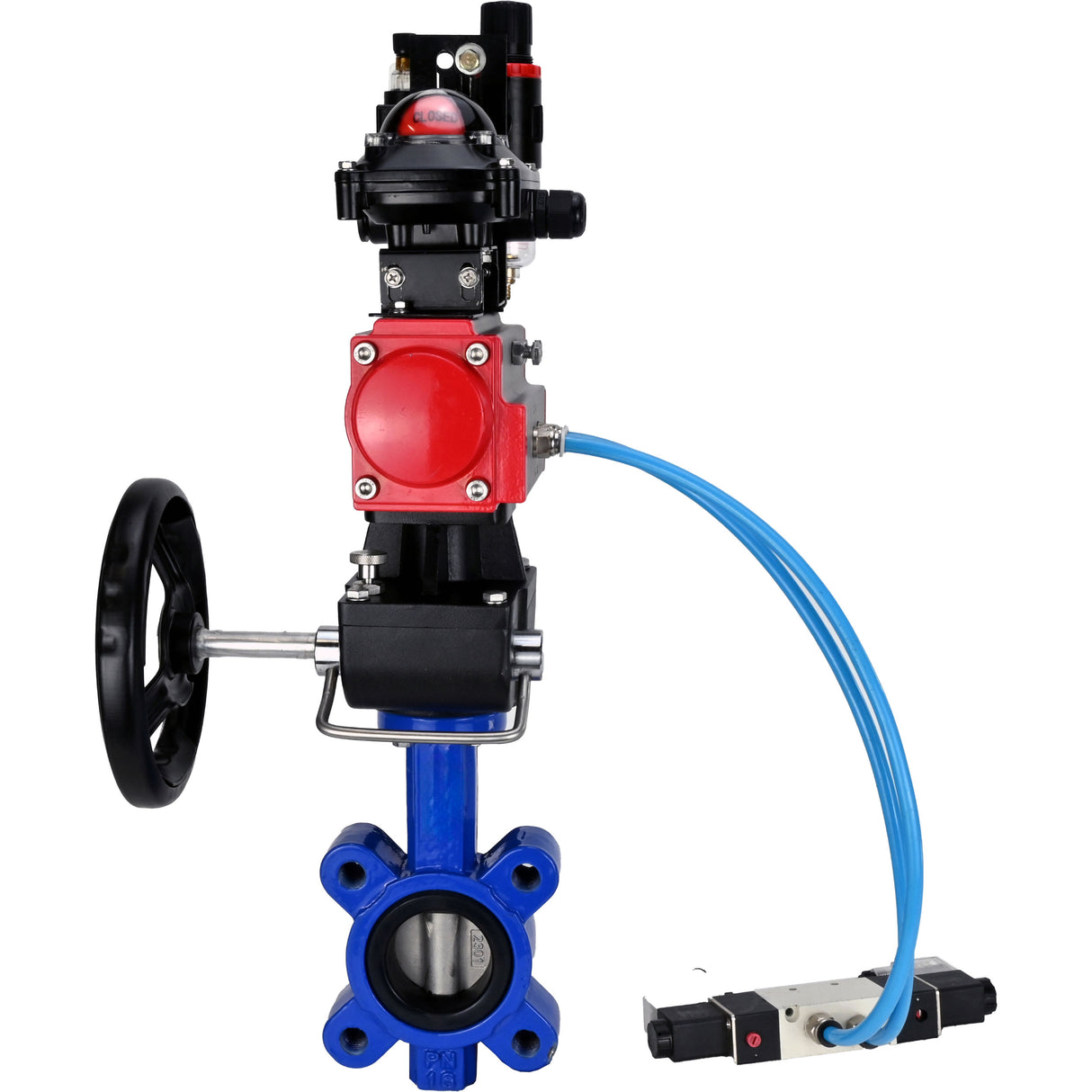Wasser-Schmetterlingsventil Elephant WBV1631N-2W-Fb-H, Gehäusematerial - Gusseisen QT450, Scheibenmaterial - Edelstahl AISI 304, Dichtung - NBR, pneumatischer Antrieb PA-DA Doppelwirkung, 4V320-10 220V, LSU APL-210N, Handrad MON, ATU AFC2000