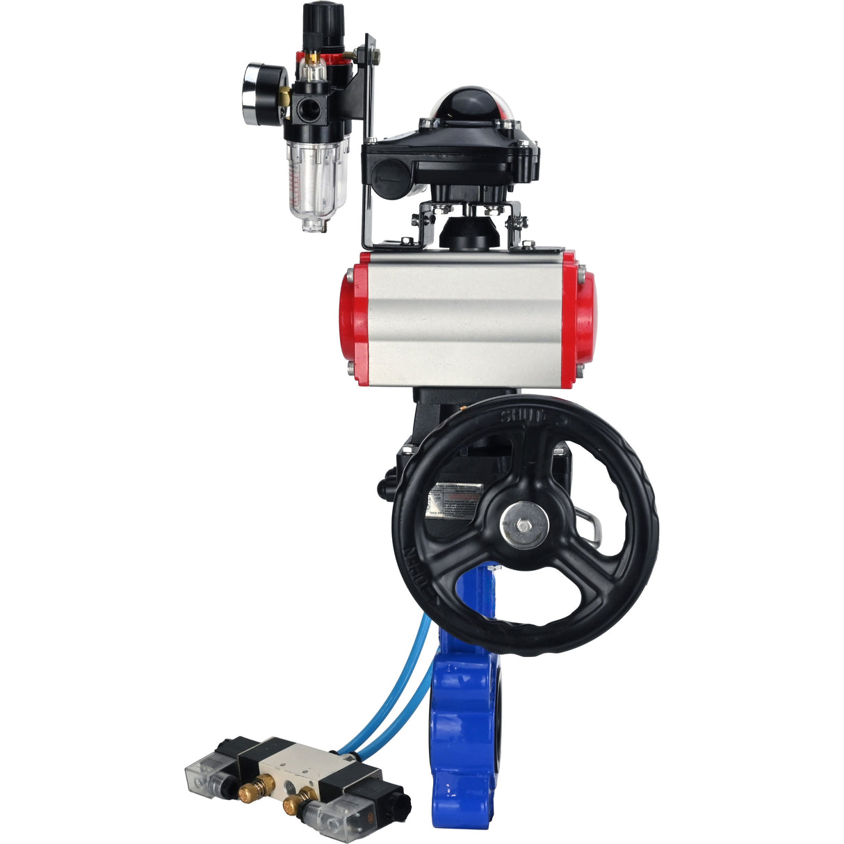 Wasser-Schmetterlingsventil Elephant WBV1631N-2W-Fb-H, Gehäusematerial - Gusseisen QT450, Scheibenmaterial - Edelstahl AISI 304, Dichtung - NBR, pneumatischer Antrieb PA-DA Doppelwirkung, 4V320-10 220V, LSU APL-210N, Handrad MON, ATU AFC2000