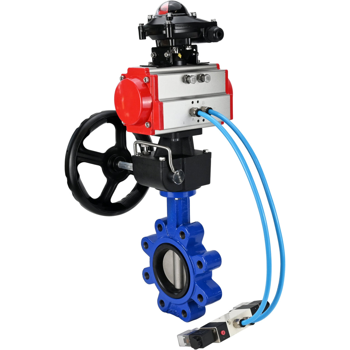 Wasser-Schmetterlingsventil Elephant WBV1631N-2W-Fb-H, Gehäusematerial - Gusseisen QT450, Scheibenmaterial - Edelstahl AISI 304, Dichtung - NBR, pneumatischer Antrieb PA-DA Doppelwirkung, 4V320-10 220V, LSU APL-210N, Handrad MON