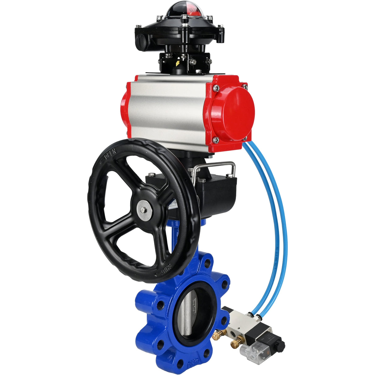 Wasser-Schmetterlingsventil Elephant WBV1631N-2W-Fb-H, Gehäusematerial - Gusseisen QT450, Scheibenmaterial - Edelstahl AISI 304, Dichtung - NBR, pneumatischer Antrieb PA-DA Doppelwirkung, 4V320-10 220V, LSU APL-210N, Handrad MON