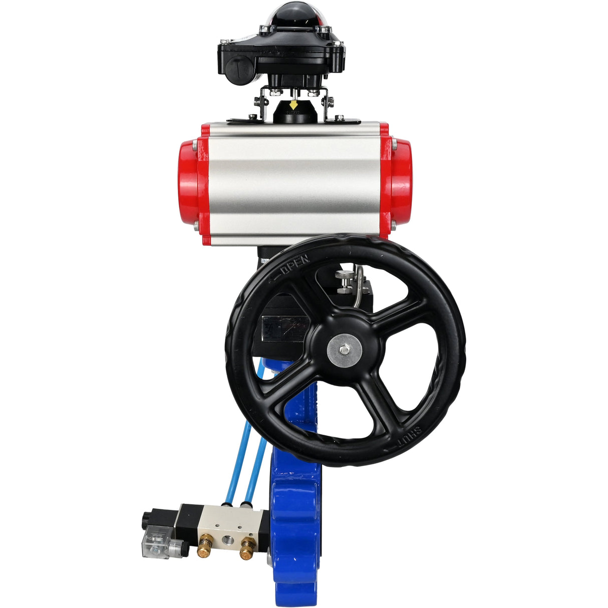 Wasser-Schmetterlingsventil Elephant WBV1631N-2W-Fb-H, Gehäusematerial - Gusseisen QT450, Scheibenmaterial - Edelstahl AISI 304, Dichtung - NBR, pneumatischer Antrieb PA-DA Doppelwirkung, 4V320-10 220V, LSU APL-210N, Handrad MON