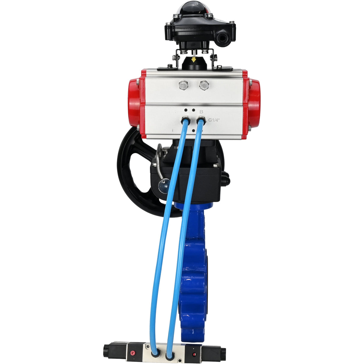 Wasser-Schmetterlingsventil Elephant WBV1631E-2W-Fb-H, Gehäusematerial - Gusseisen QT450, Scheibenmaterial - Edelstahl AISI 304, Dichtung - EPDM, pneumatischer Antrieb PA-DA Doppelwirkung, 4V320-10 220V, LSU APL-210N, Handrad MON