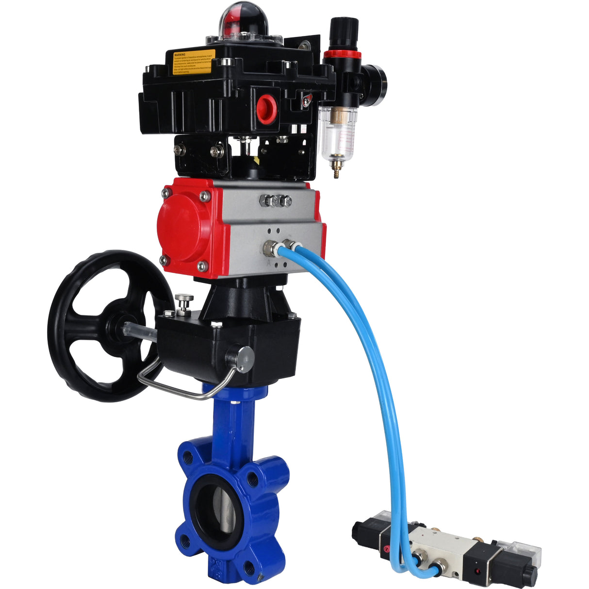 Wasser-Schmetterlingsventil Elephant WBV1631N-2W-Fb-H, Gehäusematerial - Gusseisen QT450, Scheibenmaterial - Edelstahl AISI 304, Dichtung - NBR, pneumatischer Antrieb PA-DA Doppelwirkung, 4V320-08 220V, LSU APL-410N EX, Handrad MON, ATU AFC2000