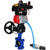 Wasser-Schmetterlingsventil Elephant WBV1631N-2W-Fb-H, Gehäusematerial - Gusseisen QT450, Scheibenmaterial - Edelstahl AISI 304, Dichtung - NBR, pneumatischer Antrieb PA-DA Doppelwirkung, 4V320-08 220V, LSU APL-410N EX, Handrad MON, ATU AFC2000