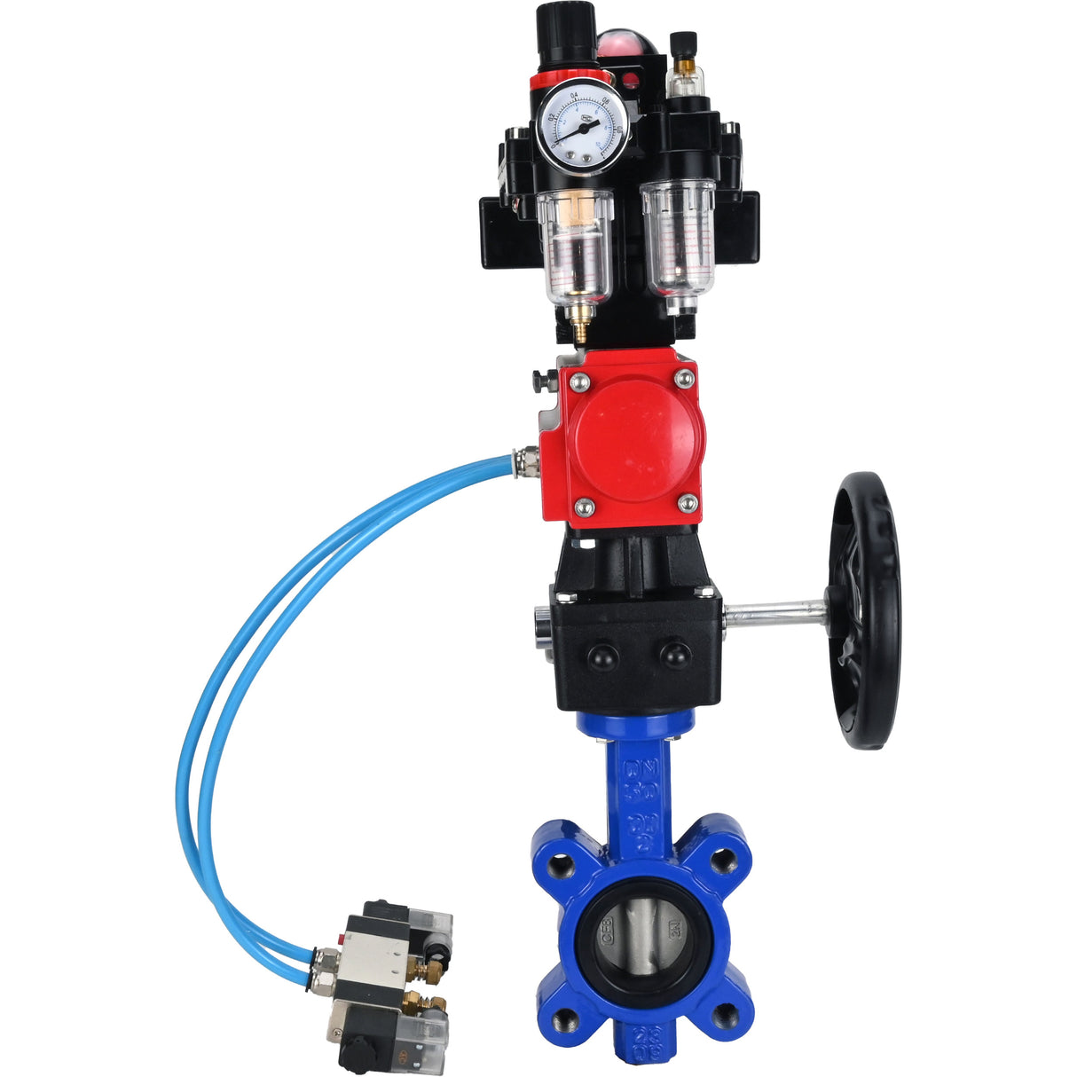 Wasser-Schmetterlingsventil Elephant WBV1631N-2W-Fb-H, Gehäusematerial - Gusseisen QT450, Scheibenmaterial - Edelstahl AISI 304, Dichtung - NBR, pneumatischer Antrieb PA-DA Doppelwirkung, 4V320-08 220V, LSU APL-410N EX, Handrad MON, ATU AFC2000