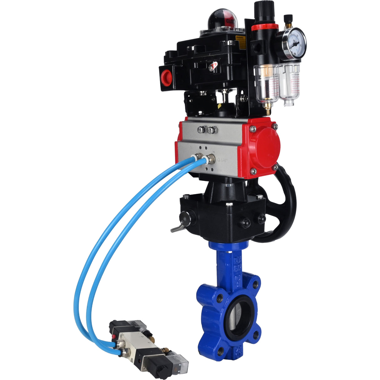 Wasser-Schmetterlingsventil Elephant WBV1631N-2W-Fb-H, Gehäusematerial - Gusseisen QT450, Scheibenmaterial - Edelstahl AISI 304, Dichtung - NBR, pneumatischer Antrieb PA-DA Doppelwirkung, 4V320-08 220V, LSU APL-410N EX, Handrad MON, ATU AFC2000