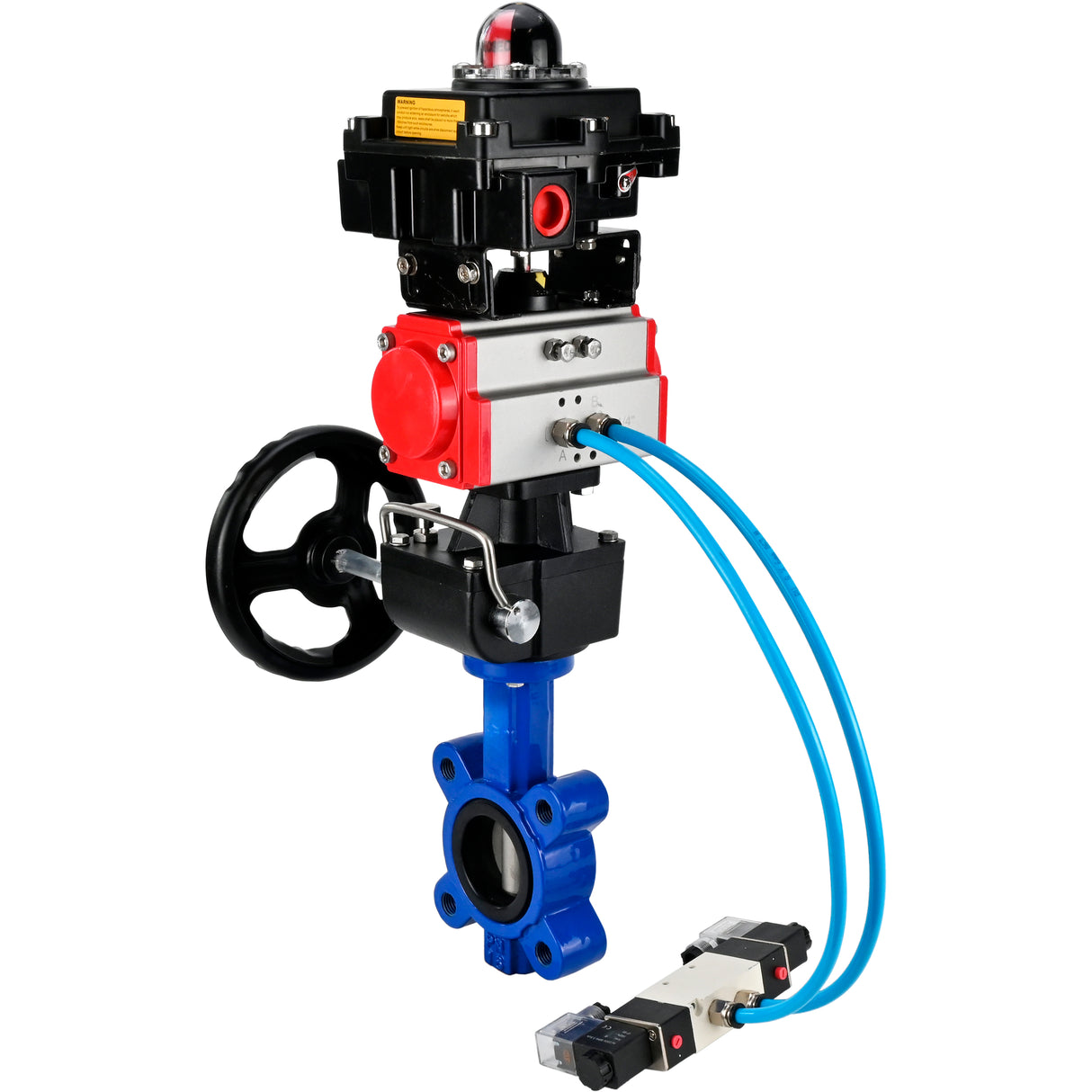 Wasser-Schmetterlingsventil Elephant WBV1631N-2W-Fb-H, Gehäusematerial - Gusseisen QT450, Scheibenmaterial - Edelstahl AISI 304, Dichtung - NBR, pneumatischer Antrieb PA-DA Doppelwirkung, 4V320-10 220V, LSU APL-410N EX, Handrad MON