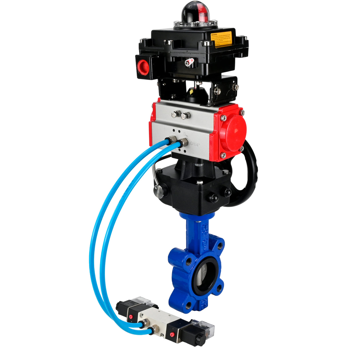 Wasser-Schmetterlingsventil Elephant WBV1631N-2W-Fb-H, Gehäusematerial - Gusseisen QT450, Scheibenmaterial - Edelstahl AISI 304, Dichtung - NBR, pneumatischer Antrieb PA-DA Doppelwirkung, 4V320-10 220V, LSU APL-410N EX, Handrad MON