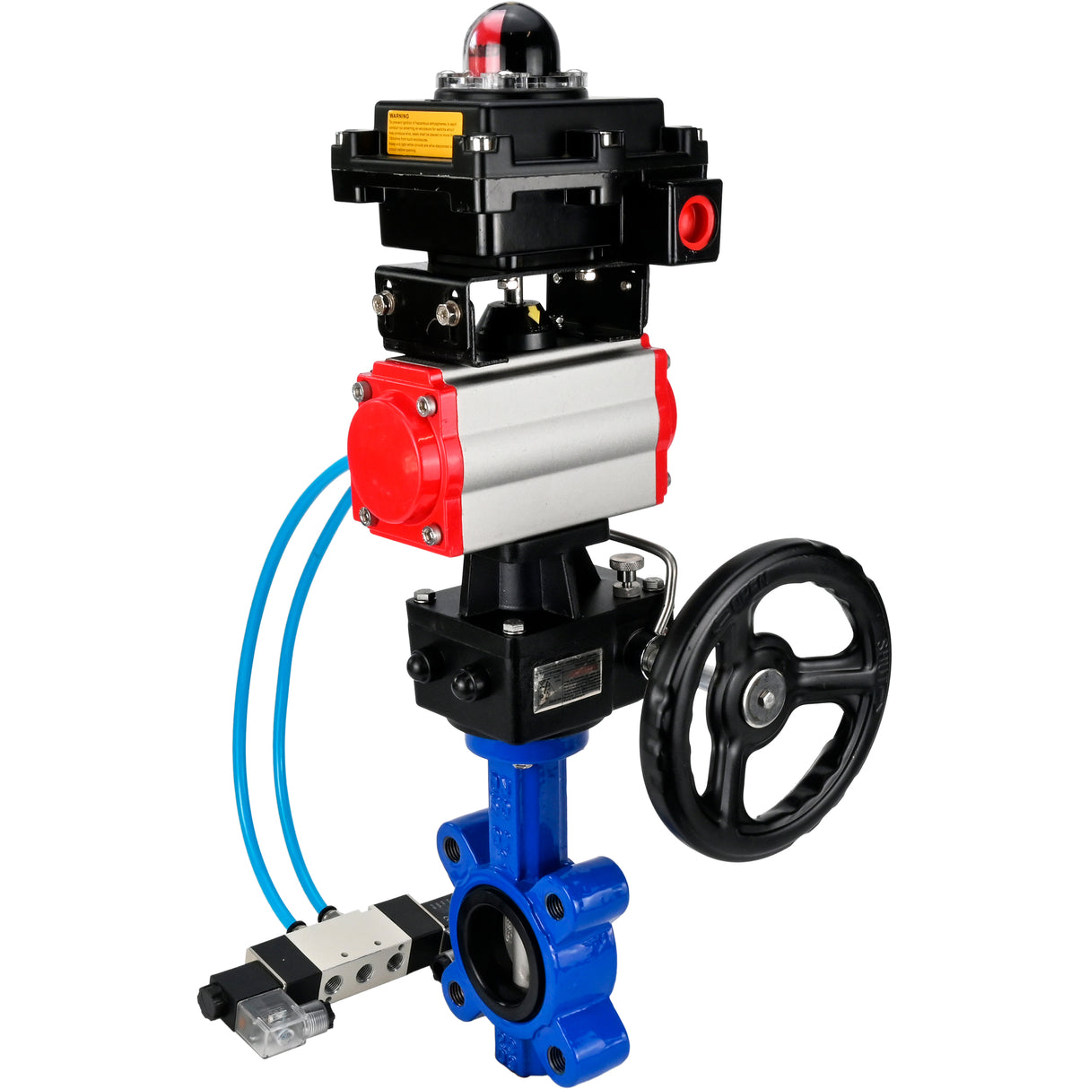 Wasser-Schmetterlingsventil Elephant WBV1631N-2W-Fb-H, Gehäusematerial - Gusseisen QT450, Scheibenmaterial - Edelstahl AISI 304, Dichtung - NBR, pneumatischer Antrieb PA-DA Doppelwirkung, 4V320-10 220V, LSU APL-410N EX, Handrad MON