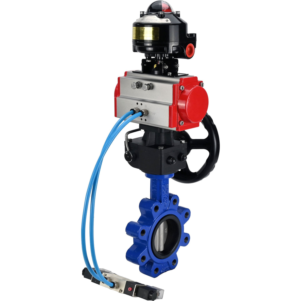 Wasser-Schmetterlingsventil Elephant WBV1631E-2W-Fb-H, Gehäusematerial - Gusseisen QT450, Scheibenmaterial - Edelstahl AISI 304, Dichtung - EPDM, pneumatischer Antrieb PA-DA Doppelwirkung, 4V320-08 220V, LSU APL-510N EX, Handrad MON