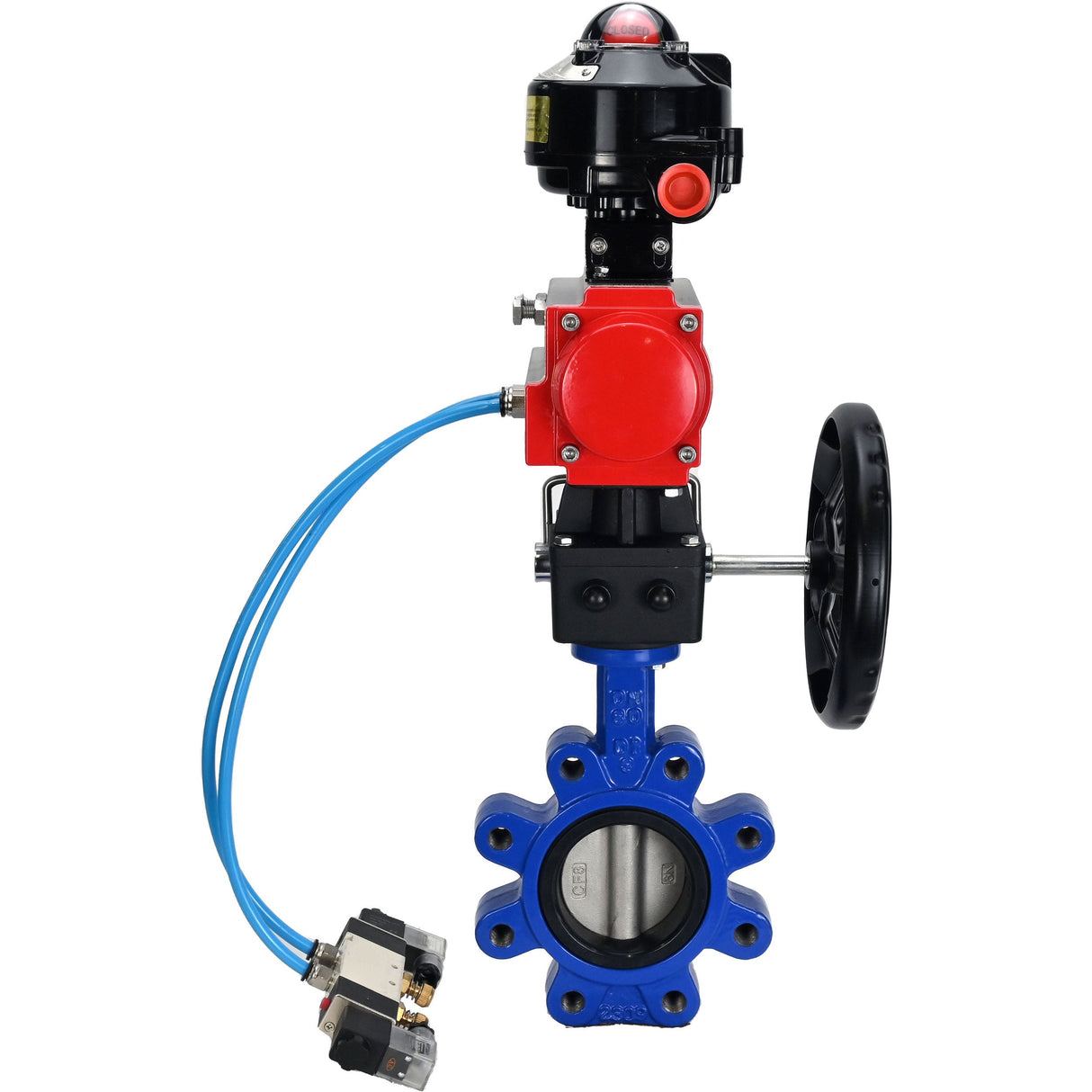 Wasser-Schmetterlingsventil Elephant WBV1631N-2W-Fb-H, Gehäusematerial - Gusseisen QT450, Scheibenmaterial - Edelstahl AISI 304, Dichtung - NBR, pneumatischer Antrieb PA-DA Doppelwirkung, 4V320-08 220V, LSU APL-510N EX, Handrad MON