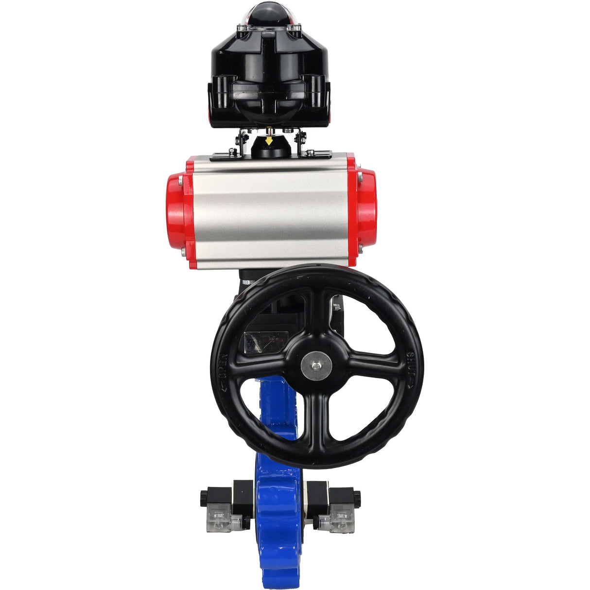 Wasser-Schmetterlingsventil Elephant WBV1631N-2W-Fb-H, Gehäusematerial - Gusseisen QT450, Scheibenmaterial - Edelstahl AISI 304, Dichtung - NBR, pneumatischer Antrieb PA-DA Doppelwirkung, 4V320-08 220V, LSU APL-510N EX, Handrad MON