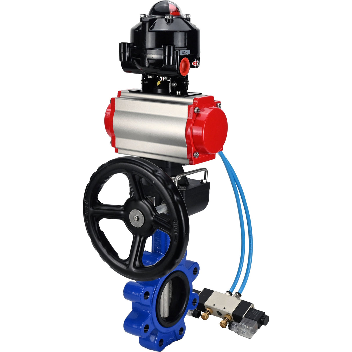 Wasser-Schmetterlingsventil Elephant WBV1631N-2W-Fb-H, Gehäusematerial - Gusseisen QT450, Scheibenmaterial - Edelstahl AISI 304, Dichtung - NBR, pneumatischer Antrieb PA-DA Doppelwirkung, 4V320-08 220V, LSU APL-510N EX, Handrad MON