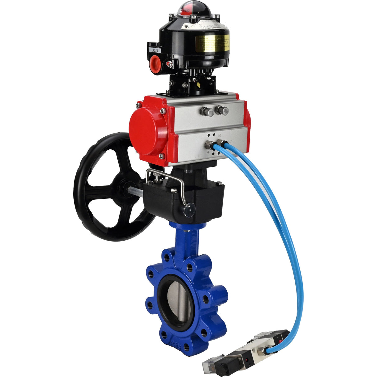 Wasser-Schmetterlingsventil Elephant WBV1631N-2W-Fb-H, Gehäusematerial - Gusseisen QT450, Scheibenmaterial - Edelstahl AISI 304, Dichtung - NBR, pneumatischer Antrieb PA-DA Doppelwirkung, 4V320-08 220V, LSU APL-510N EX, Handrad MON