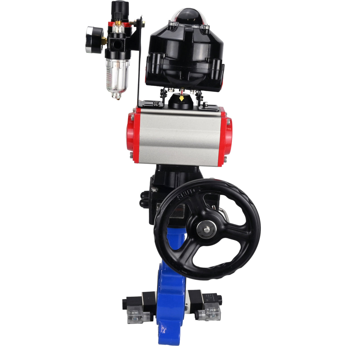 Wasser-Schmetterlingsventil Elephant WBV1631N-2W-Fb-H, Gehäusematerial - Gusseisen QT450, Scheibenmaterial - Edelstahl AISI 304, Dichtung - NBR, pneumatischer Antrieb PA-DA Doppelwirkung, 4V320-08 220V, LSU APL-510N EX, Handrad MON, ATU AFC2000
