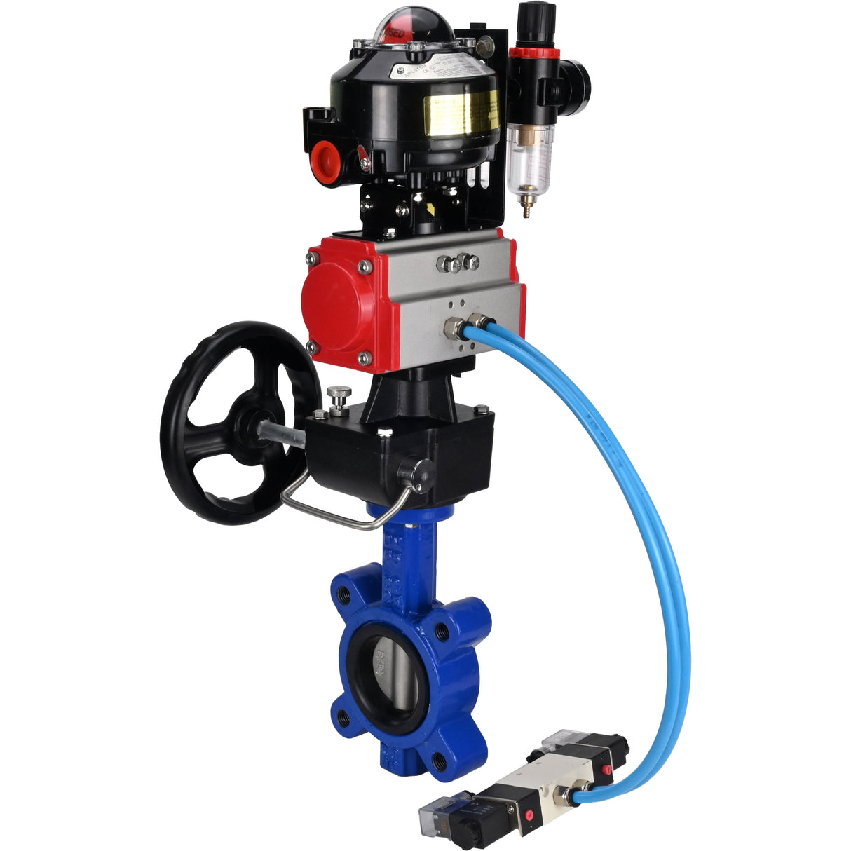 Wasser-Schmetterlingsventil Elephant WBV1631N-2W-Fb-H, Gehäusematerial - Gusseisen QT450, Scheibenmaterial - Edelstahl AISI 304, Dichtung - NBR, pneumatischer Antrieb PA-DA Doppelwirkung, 4V320-08 220V, LSU APL-510N EX, Handrad MON, ATU AFC2000