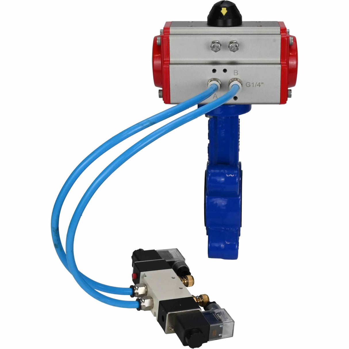 Wasser-Schmetterlingsventil Elephant WBV1631E-2W-Fb-H, Gehäusematerial - Gusseisen QT450, Scheibenmaterial - Edelstahl AISI 304, Dichtung - EPDM, mit pneumatischem Doppelwirkungsantrieb PA-DA, 4V320-08 220V