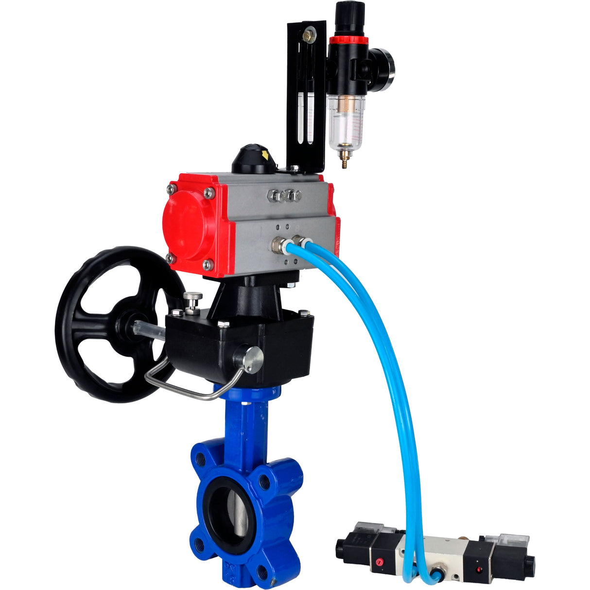 Wasser-Schmetterlingsventil Elephant WBV1631N-2W-Fb-H, Gehäusematerial - Gusseisen QT450, Scheibenmaterial - Edelstahl AISI 304, Dichtung - NBR, pneumatischer Antrieb PA-DA Doppelwirkung, 4V320-10 220V Handrad MON, ATU AFC2000