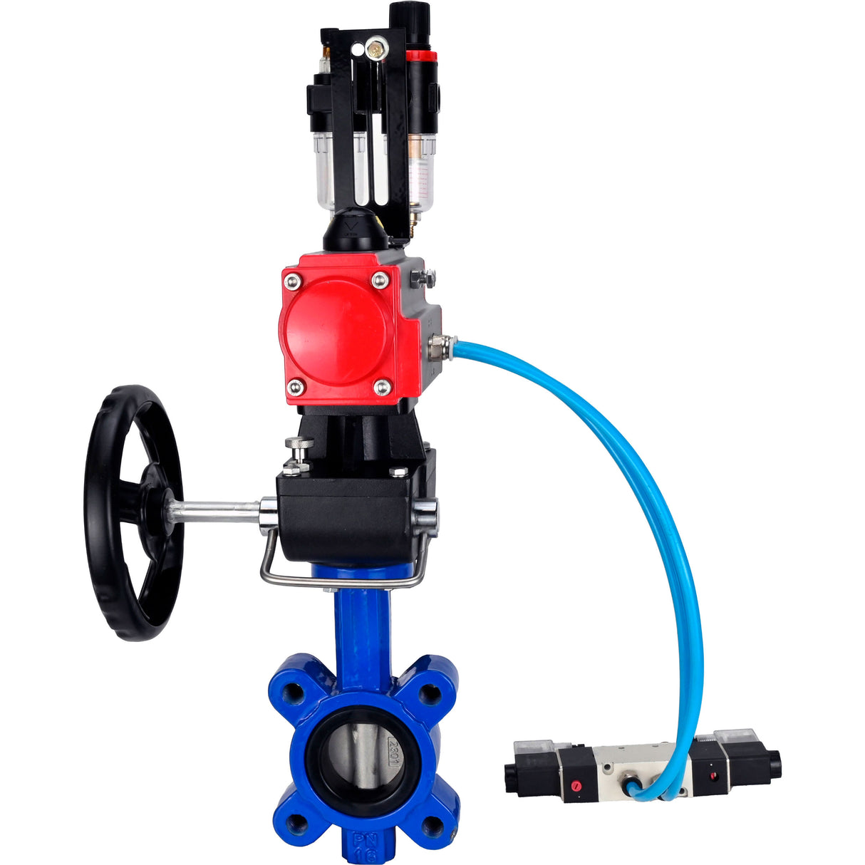 Wasser-Schmetterlingsventil Elephant WBV1631N-2W-Fb-H, Gehäusematerial - Gusseisen QT450, Scheibenmaterial - Edelstahl AISI 304, Dichtung - NBR, pneumatischer Antrieb PA-DA Doppelwirkung, 4V320-10 220V Handrad MON, ATU AFC2000