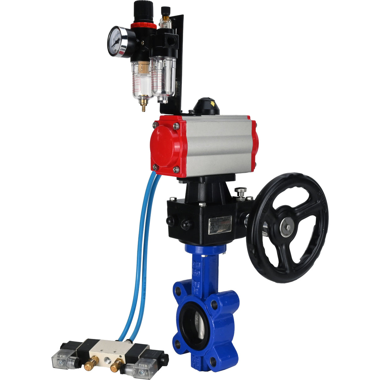 Wasser-Schmetterlingsventil Elephant WBV1631N-2W-Fb-H, Gehäusematerial - Gusseisen QT450, Scheibenmaterial - Edelstahl AISI 304, Dichtung - NBR, pneumatischer Antrieb PA-DA Doppelwirkung, 4V320-10 220V Handrad MON, ATU AFC2000