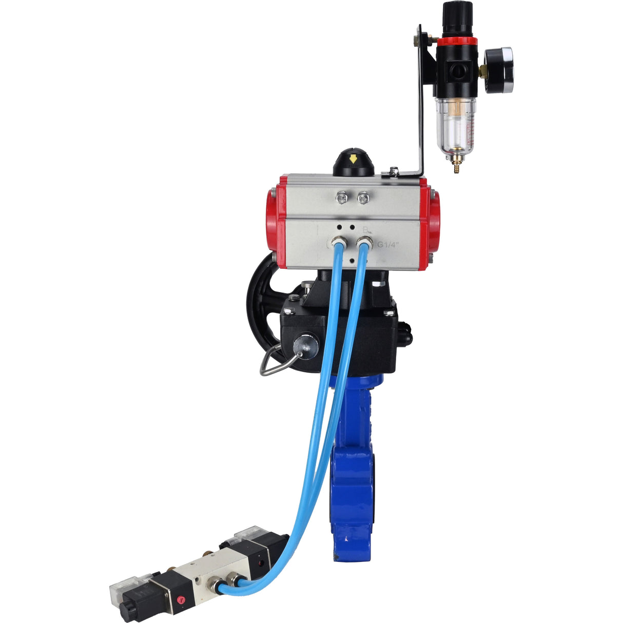 Wasser-Schmetterlingsventil Elephant WBV1631N-2W-Fb-H, Gehäusematerial - Gusseisen QT450, Scheibenmaterial - Edelstahl AISI 304, Dichtung - NBR, pneumatischer Antrieb PA-DA Doppelwirkung, 4V320-10 220V Handrad MON, ATU AFC2000