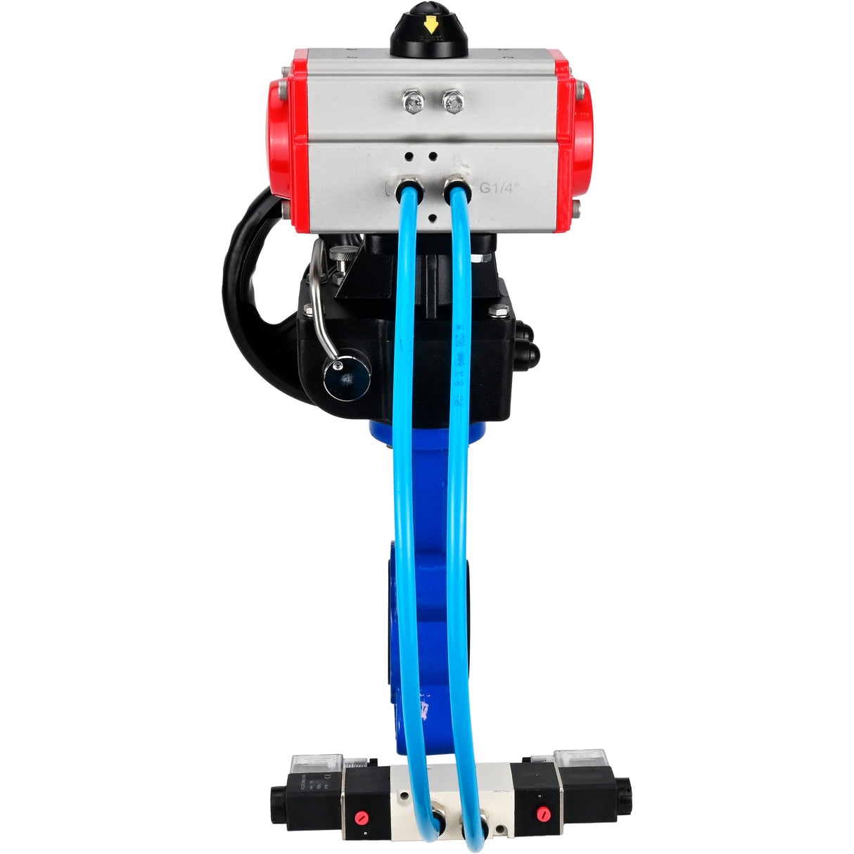 Wasser-Schmetterlingsventil Elephant WBV1631E-2W-Fb-H, Gehäusematerial - Gusseisen QT450, Scheibenmaterial - Edelstahl AISI 304, Dichtung - EPDM, mit pneumatischem Doppelwirkungsantrieb PA-DA, 4V320-10 220V, Handrad MON