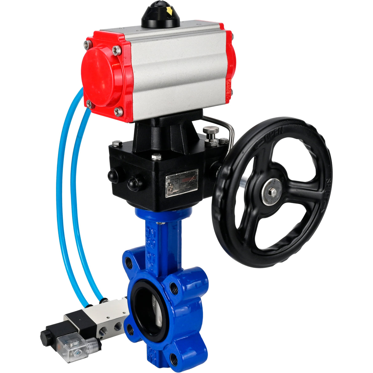 Wasser-Schmetterlingsventil Elephant WBV1631E-2W-Fb-H, Gehäusematerial - Gusseisen QT450, Scheibenmaterial - Edelstahl AISI 304, Dichtung - EPDM, mit pneumatischem Doppelwirkungsantrieb PA-DA, 4V320-10 220V, Handrad MON