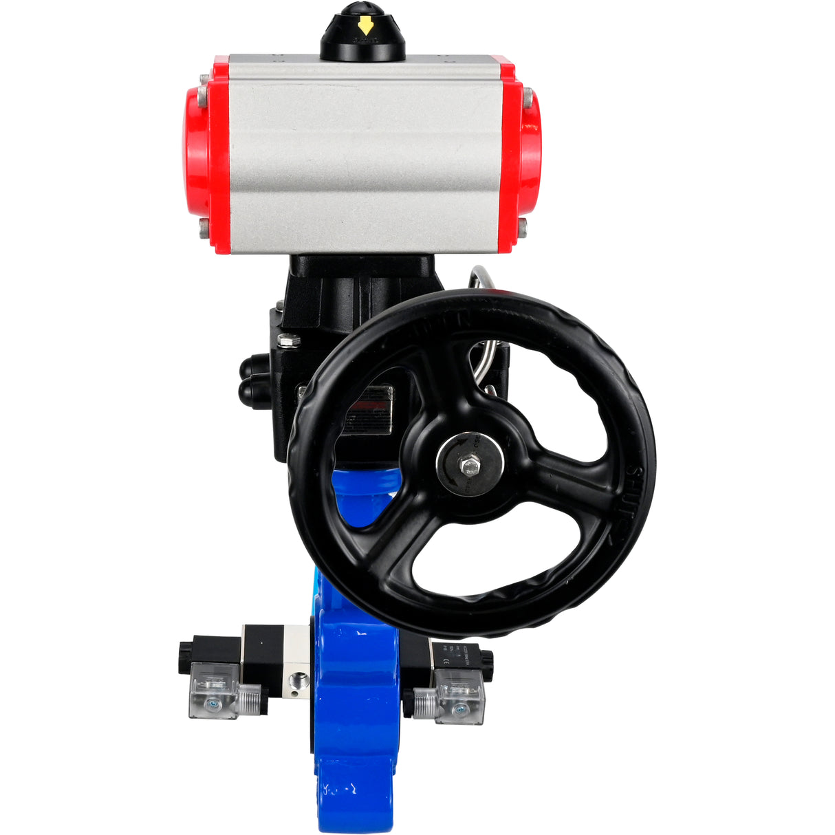 Wasser-Schmetterlingsventil Elephant WBV1631E-2W-Fb-H, Gehäusematerial - Gusseisen QT450, Scheibenmaterial - Edelstahl AISI 304, Dichtung - EPDM, mit pneumatischem Doppelwirkungsantrieb PA-DA, 4V320-10 220V, Handrad MON