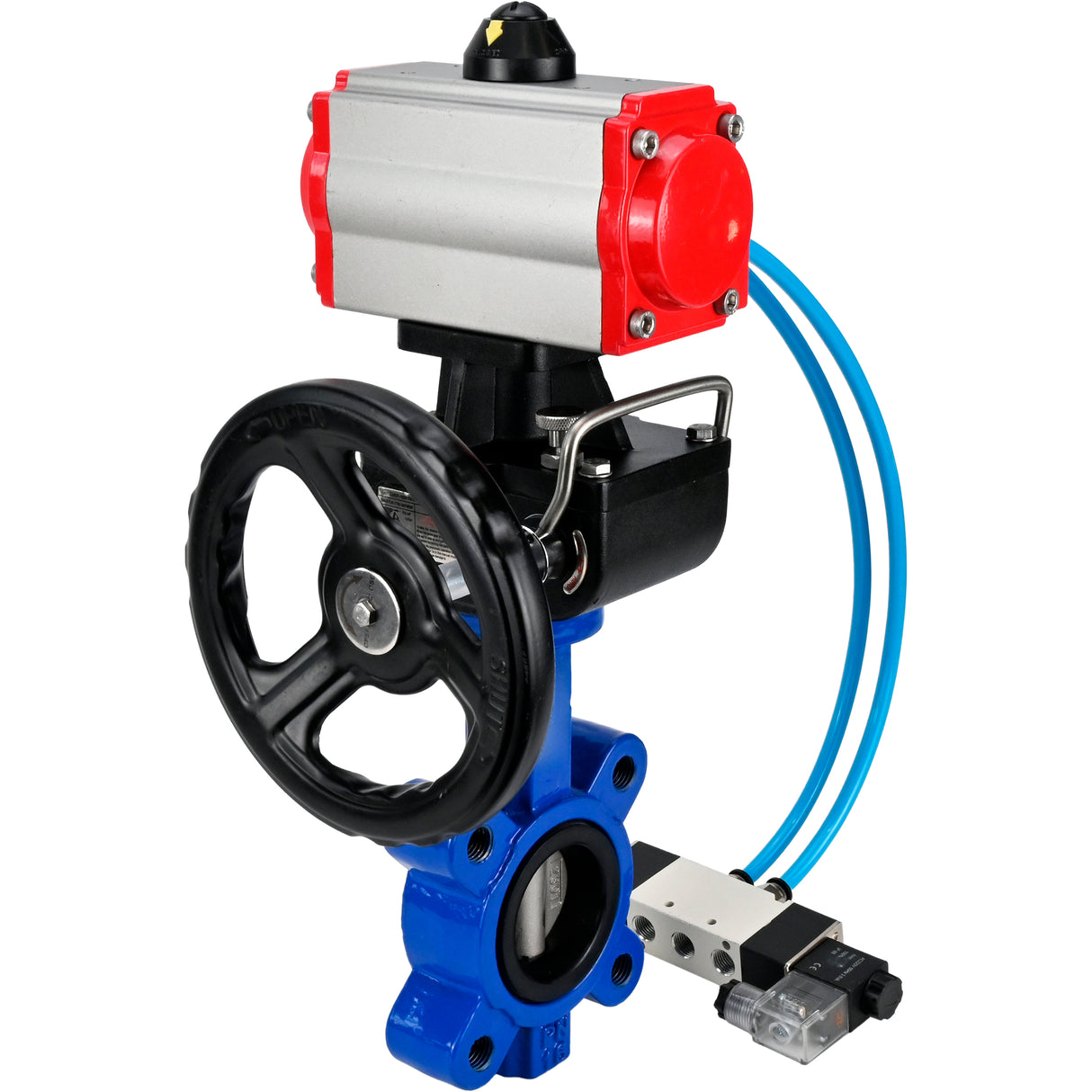 Wasser-Schmetterlingsventil Elephant WBV1631E-2W-Fb-H, Gehäusematerial - Gusseisen QT450, Scheibenmaterial - Edelstahl AISI 304, Dichtung - EPDM, mit pneumatischem Doppelwirkungsantrieb PA-DA, 4V320-10 220V, Handrad MON