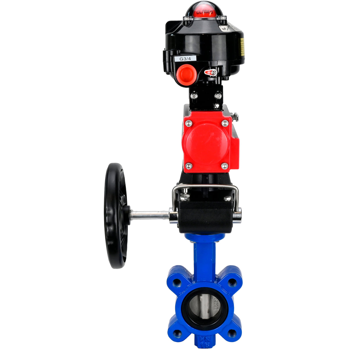 Wasser-Schmetterlingsventil Elephant WBV1631E-2W-Fb-H, Gehäusematerial - Gusseisen QT450, Scheibenmaterial - Edelstahl AISI 304, Dichtung - EPDM, mit pneumatischem Doppelwirkungsantrieb PA-DA, Handrad MON, LSU APL-510N EX