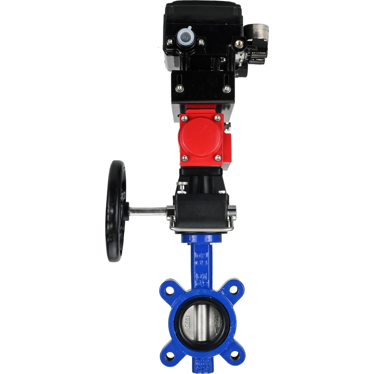 Water Butterfly Valve Elephant WBV1631N-2W-Fb-H, Gehäusematerial - Gusseisen QT450, Scheibenmaterial - Edelstahl AISI 304, Dichtung - NBR, pneumatischer Antrieb PA-DA Doppelwirkung, Positionsgeber YT-1000RSN ohne Rückmeldung, Handrad MON