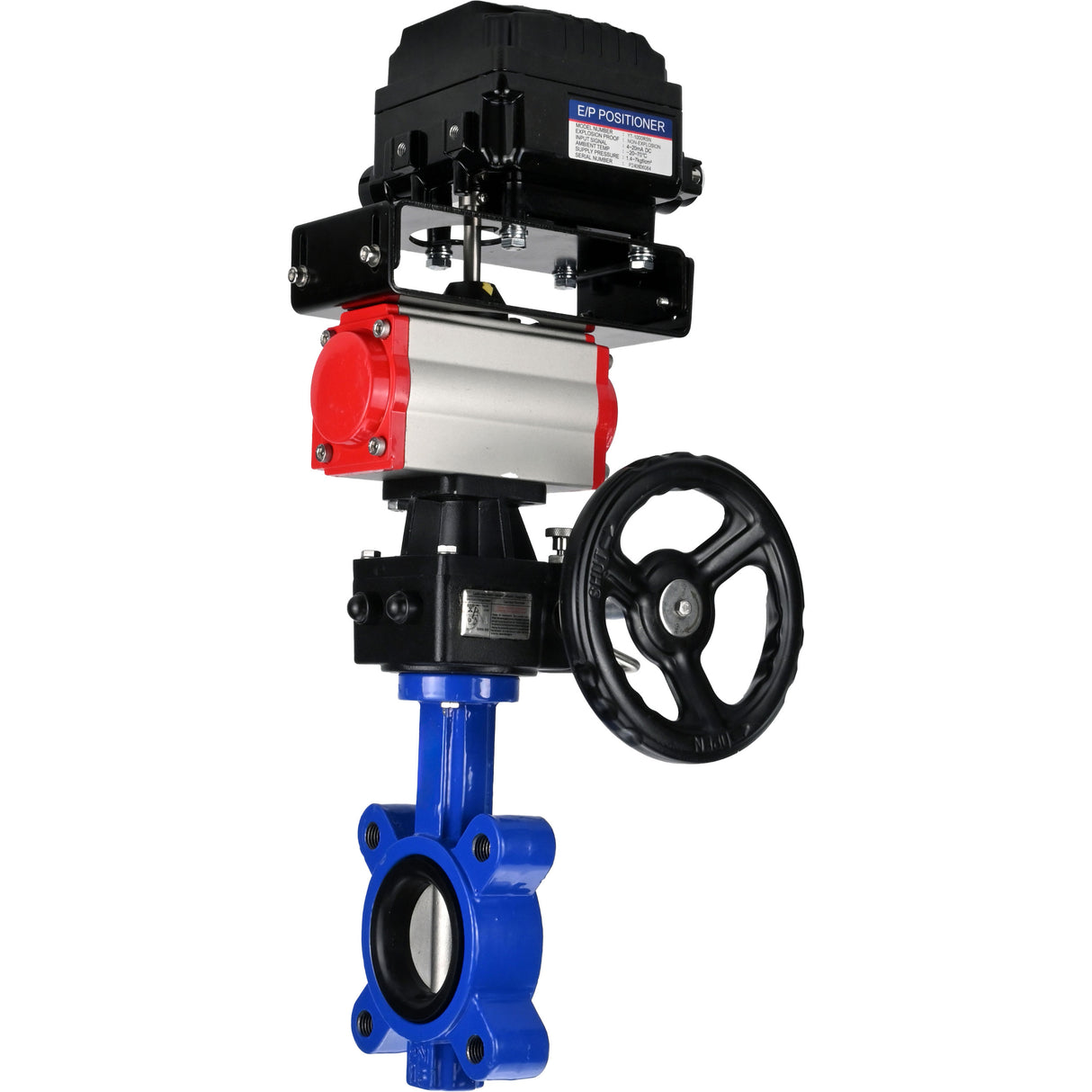 Water Butterfly Valve Elephant WBV1631N-2W-Fb-H, Gehäusematerial - Gusseisen QT450, Scheibenmaterial - Edelstahl AISI 304, Dichtung - NBR, pneumatischer Antrieb PA-DA Doppelwirkung, Positionsgeber YT-1000RSN ohne Rückmeldung, Handrad MON