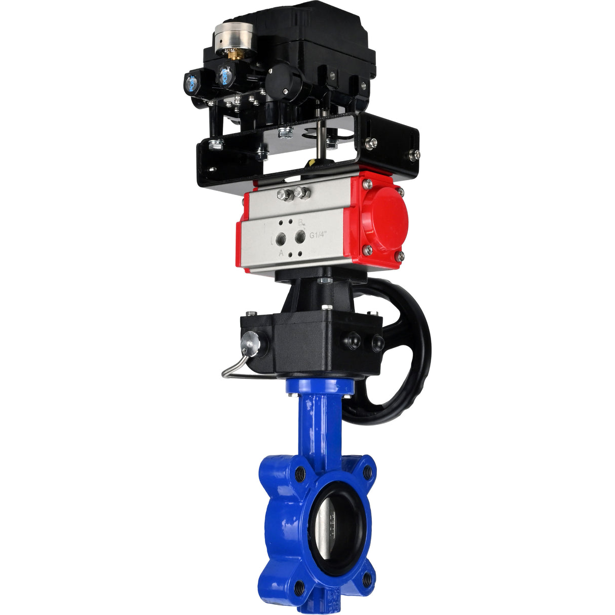 Water Butterfly Valve Elephant WBV1631N-2W-Fb-H, Gehäusematerial - Gusseisen QT450, Scheibenmaterial - Edelstahl AISI 304, Dichtung - NBR, pneumatischer Antrieb PA-DA Doppelwirkung, Positionsgeber YT-1000RSN ohne Rückmeldung, Handrad MON