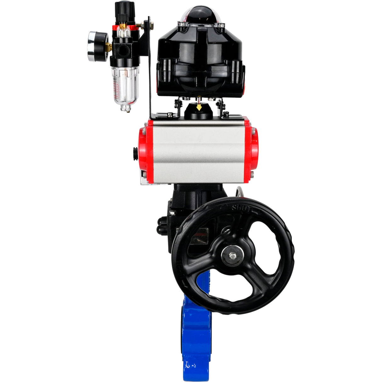 Wasser-Schmetterlingsventil Elephant WBV1631N-2W-Fb-H, Gehäusematerial - Gusseisen QT450, Scheibenmaterial - Edelstahl AISI 304, Dichtung - NBR, pneumatischer Antrieb PA-DA Doppelwirkung, 4M310-08 220V, LSU APL-510N EX, Handrad MON, ATU AFC2000