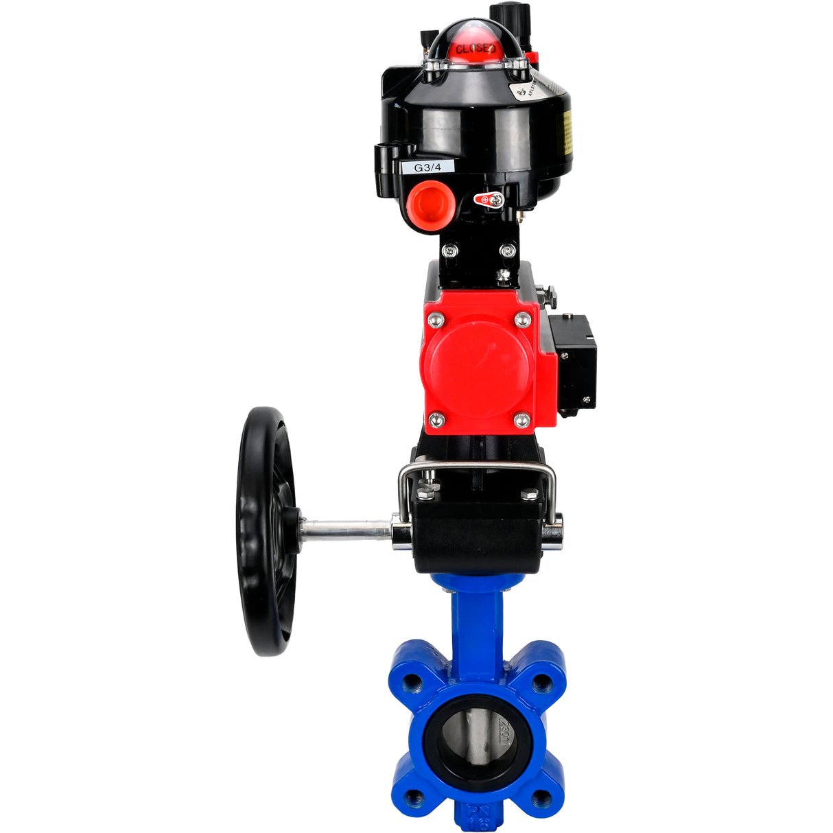 Wasser-Schmetterlingsventil Elephant WBV1631N-2W-Fb-H, Gehäusematerial - Gusseisen QT450, Scheibenmaterial - Edelstahl AISI 304, Dichtung - NBR, pneumatischer Antrieb PA-DA Doppelwirkung, 4M310-08 220V, LSU APL-510N EX, Handrad MON, ATU AFC2000