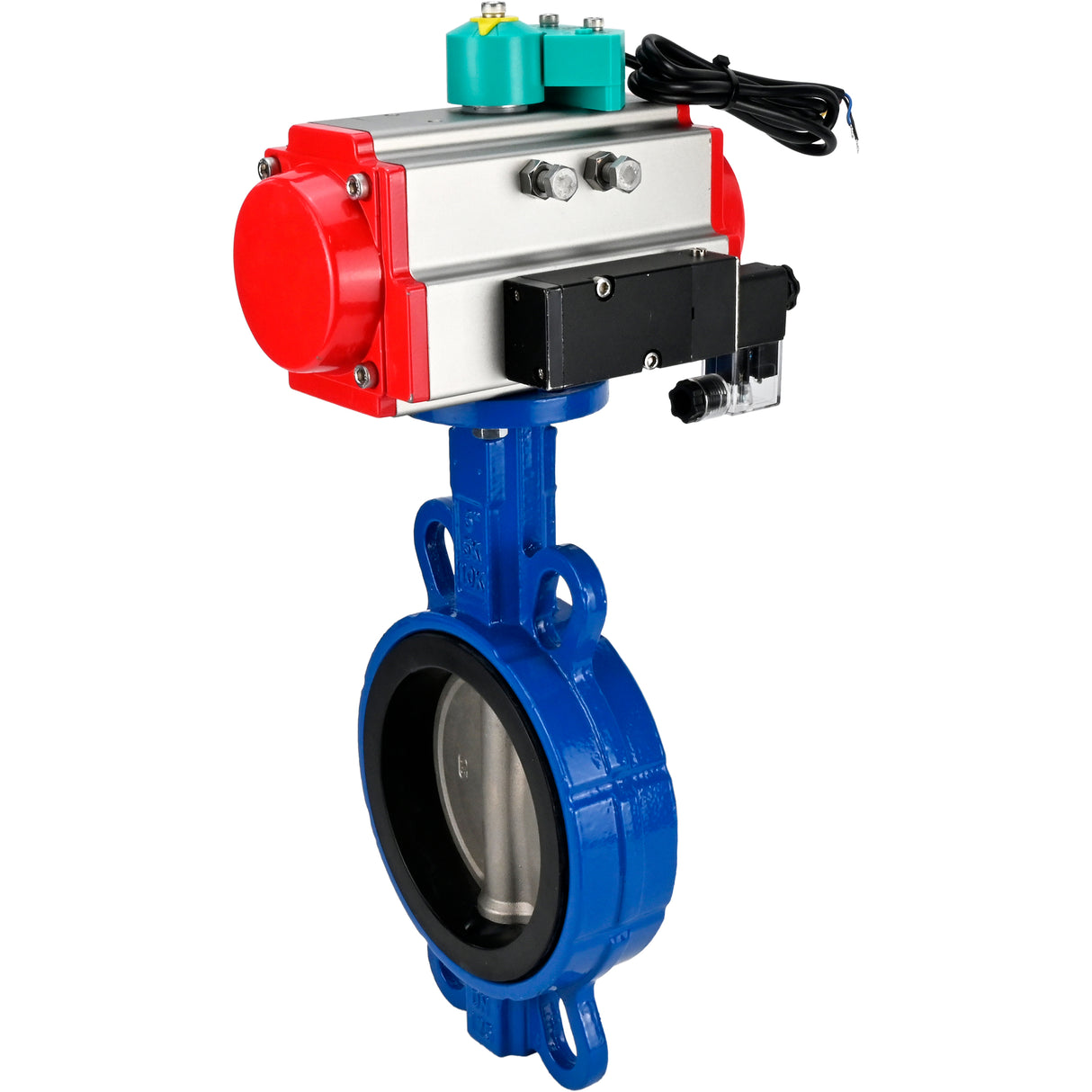 Water Butterfly Valve for abrasive media  Elephant WBV1632E-2W-Fb-H DN40-200 16 bar body - QT450 cast iron, disc - 316L stainless steel, seal - EPDM, with pneumatic actuator PA-DA-XXX, pneumatic distributor 4M310-08 NAMUR 220V and ALS200D magnetic switch
