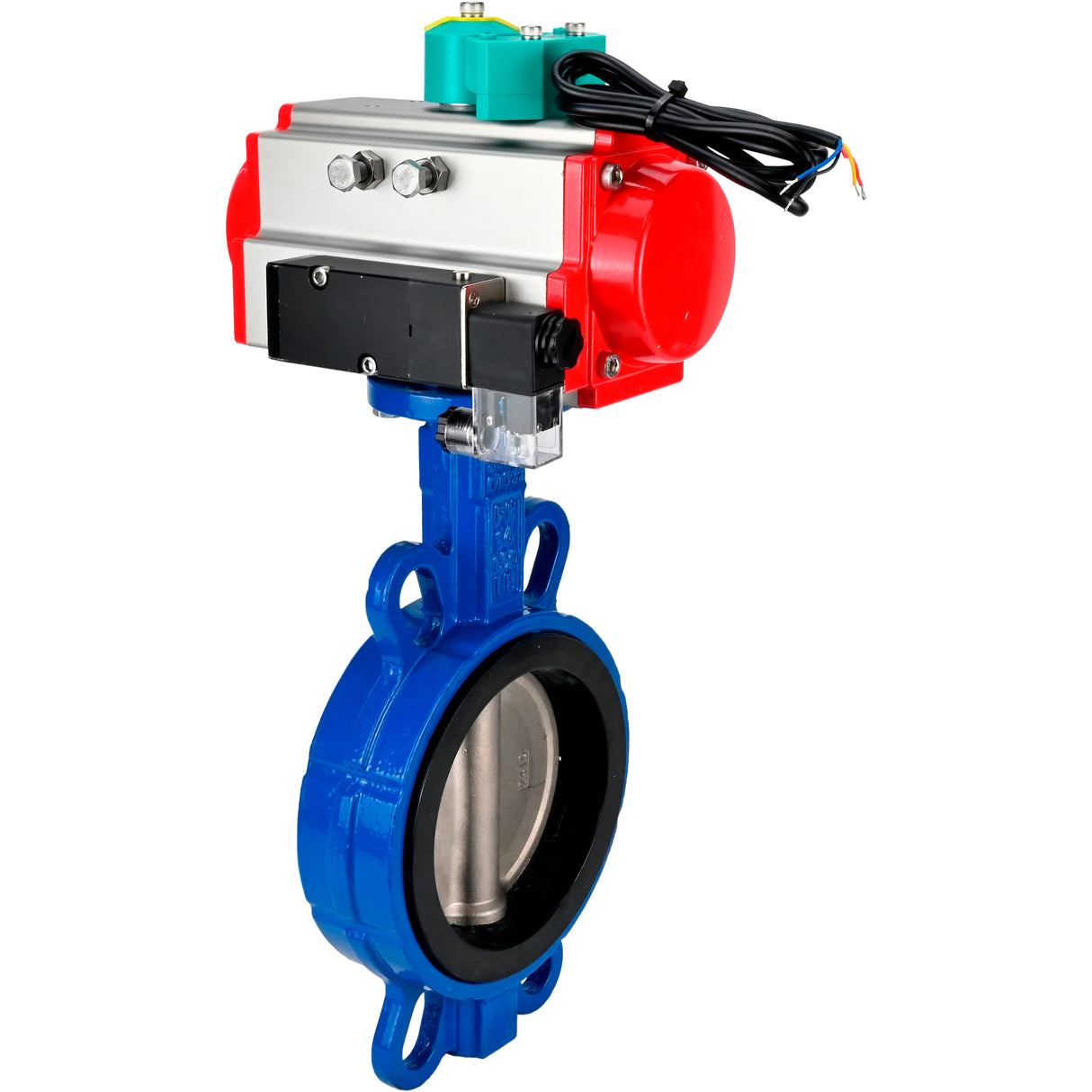Water Butterfly Valve for abrasive media  Elephant WBV1632E-2W-Fb-H DN40-200 16 bar body - QT450 cast iron, disc - 316L stainless steel, seal - EPDM, with pneumatic actuator PA-DA-XXX, pneumatic distributor 4M310-08 NAMUR 220V and ALS200D magnetic switch