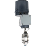 Absperrklappen Elephant WBV3131E-2W-C-H klumpig, Gehäuse - lebensmittelechter Edelstahl AISI 304, Scheibe - Edelstahl AISI 304, Dichtung - EPDM, mit elektrischem Vierteldrehantrieb Elephant QTSA-N-EM-O0-220VAC