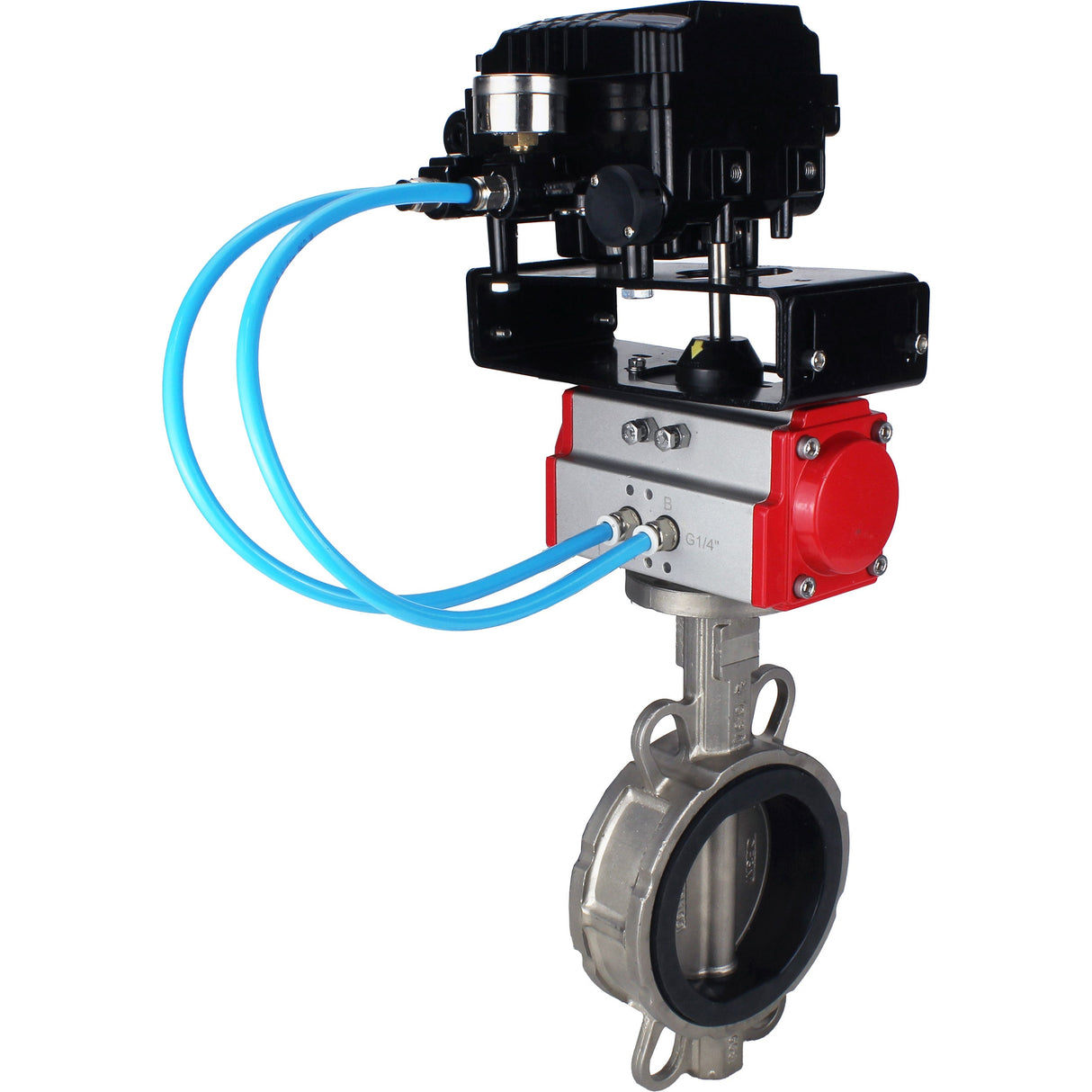 Wasser-Schmetterlingsventil Elephant WBV3131E-2W-Fb-H, Gehäusematerial - Edelstahl AISI 304, Scheibenmaterial - Edelstahl AISI 304, Dichtung - EPDM, pneumatischer Antrieb PA-DA Doppelwirkung, Positionsgeber YT-1000RSN mit Rückmeldung