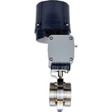 Absperrklappen Elephant WBV3131E-2W-T-H mit Gewinde, Gehäuse - lebensmittelechter Edelstahl AISI 304, Scheibe - Edelstahl AISI 304, Dichtung - EPDM, mit elektrischem Vierteldrehantrieb Elephant QTSA-N-EM-O0-220VAC
