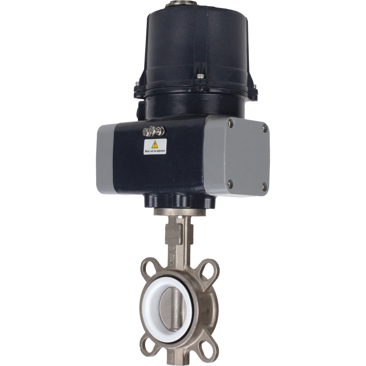 Absperrklappen Elephant WBV3131P-2W-Fb-H mit Zwischenflansch, Gehäuse - Edelstahl 304, Scheibe - Edelstahl 304, Dichtung - PTFE, mit elektrischem Vierteldreh-Antrieb Elephant QTSA-N-EM-O0-220VAC