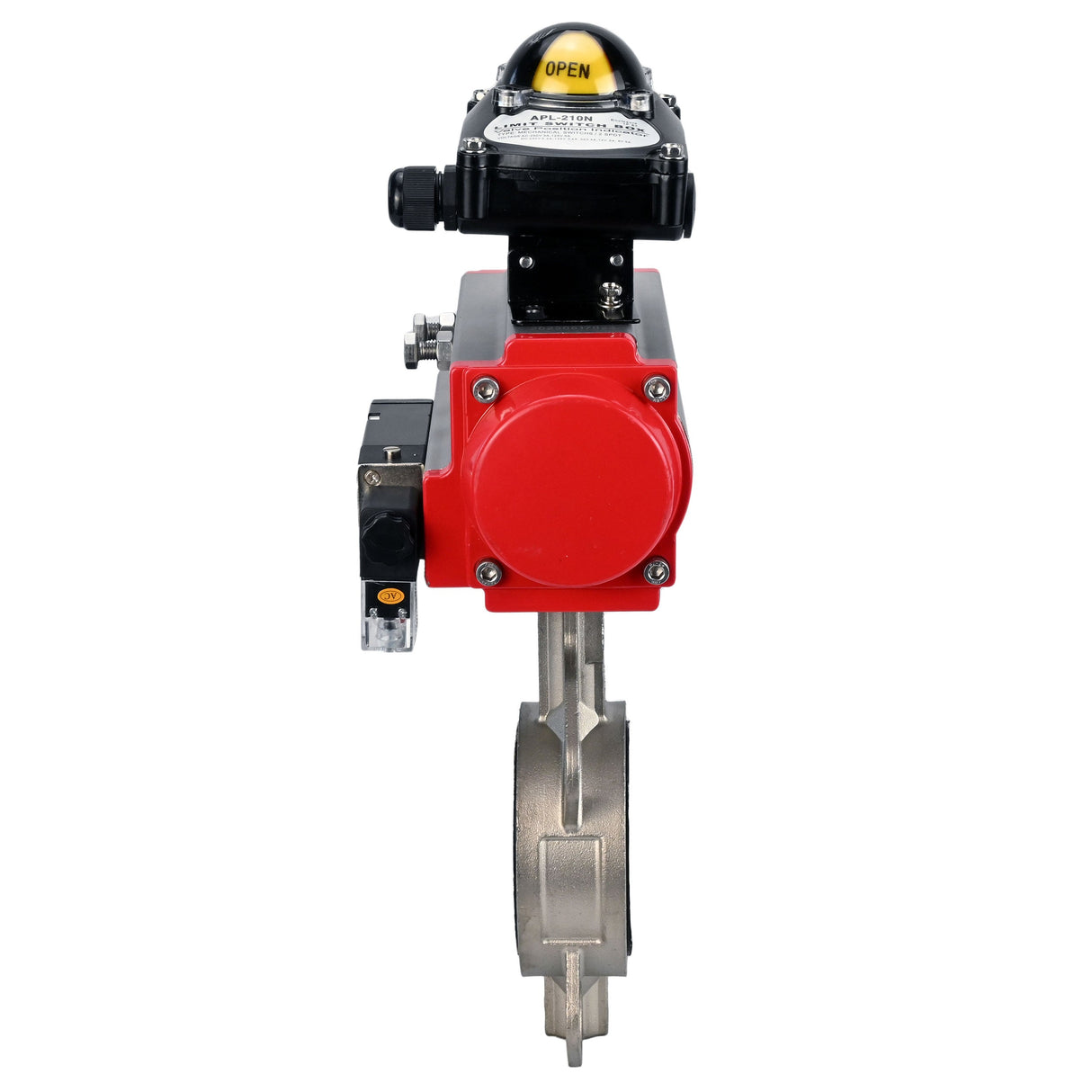 Wasser-Schmetterlingsventil Elephant WBV3131P-2W-Fb-H, Gehäusematerial - Edelstahl AISI 304, Scheibenmaterial - Edelstahl AISI 304, Dichtung - PTFE, pneumatischer Antrieb PA-DA Doppelwirkung, 4M310-08 220V, LSU APL-210N