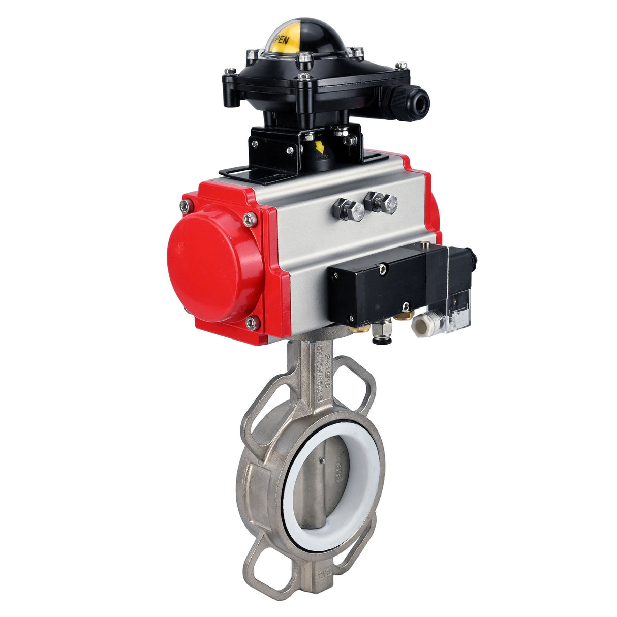 Water Butterfly Valve Elephant WBV3131P-2W-Fb-H, Gehäusematerial - Edelstahl AISI 304, Scheibenmaterial - Edelstahl AISI 304, Dichtung - PTFE, pneumatischer Antrieb PA-DA Doppelwirkung, 4M310-08 24V, LSU APL-210N