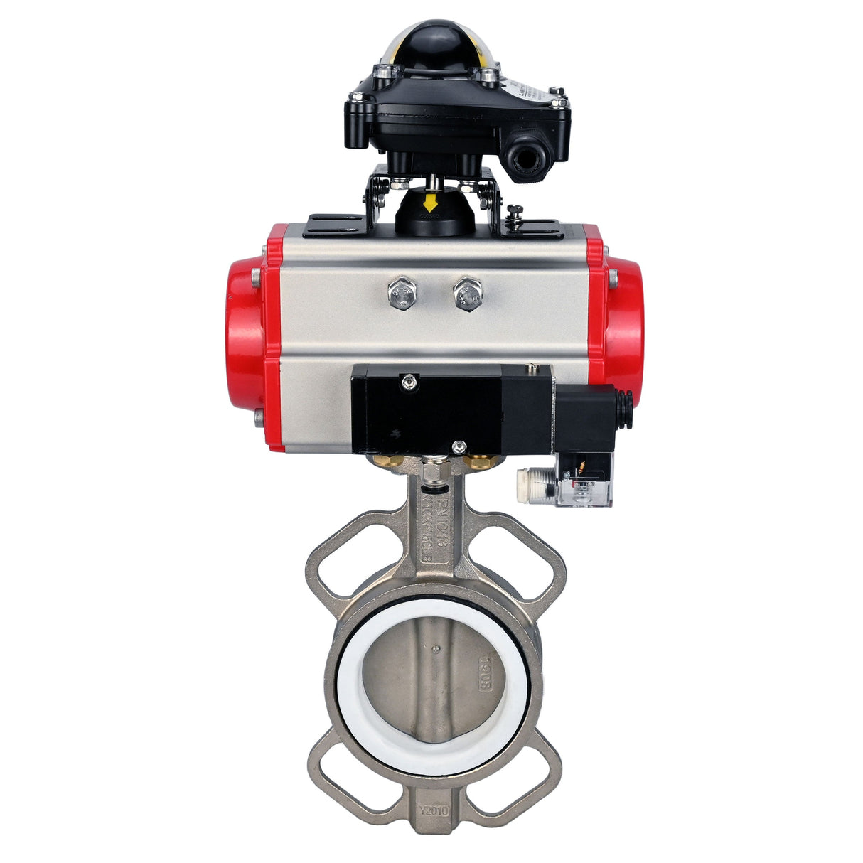 Wasser-Schmetterlingsventil Elephant WBV3131P-2W-Fb-H, Gehäusematerial - Edelstahl AISI 304, Scheibenmaterial - Edelstahl AISI 304, Dichtung - PTFE, pneumatischer Antrieb PA-DA Doppelwirkung, 4M310-08 220V, LSU APL-210N
