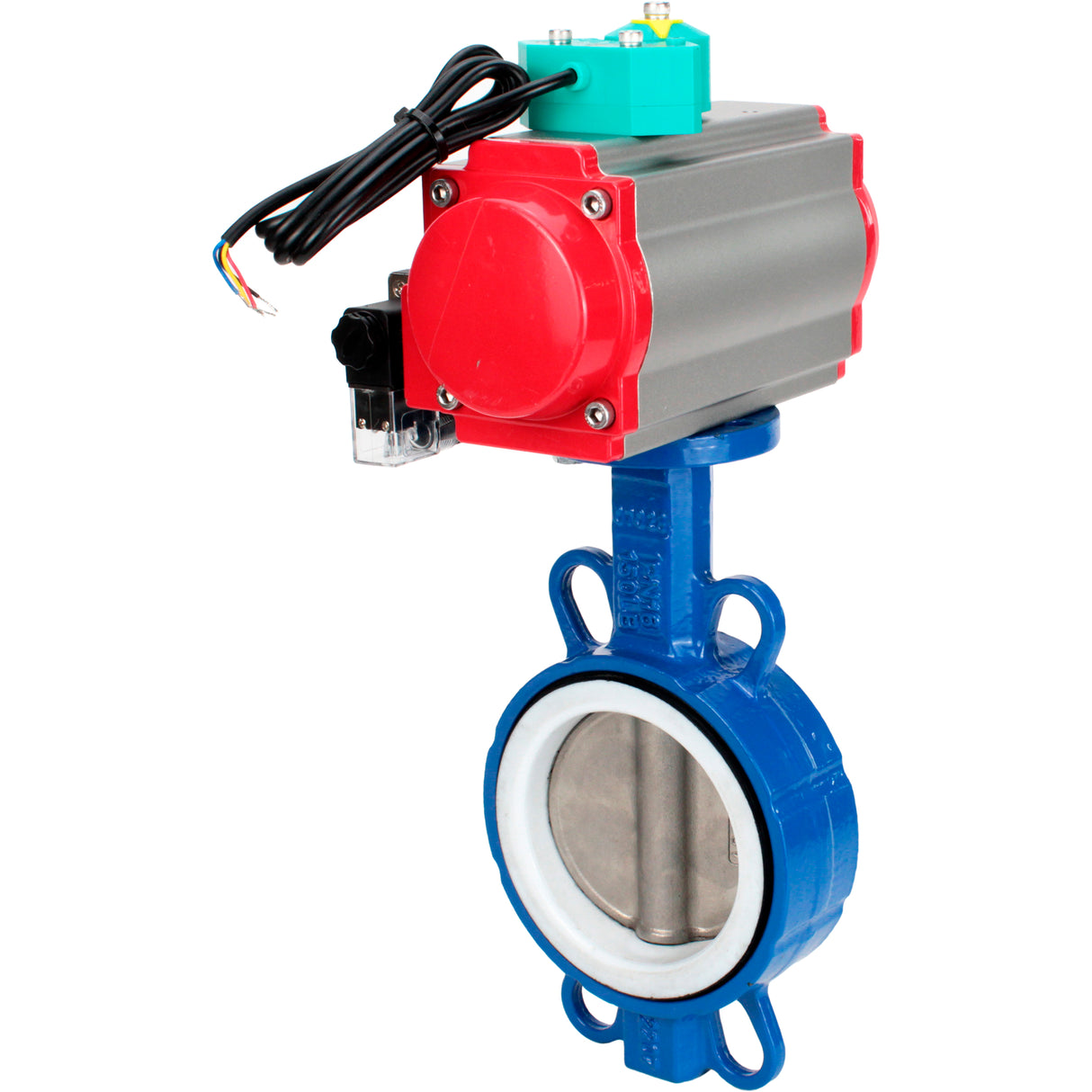 Water Butterfly Valve Elephant WBV3432P-2W-Fb-H DN40-300 16 bar body - WCB carbon steel, disc - 316L stainless steel, seal - PTFE, with pneumatic actuator PA-DA-XXX, pneumatic distributor 4M310-08 NAMUR 24V and ALS200D magnetic switch