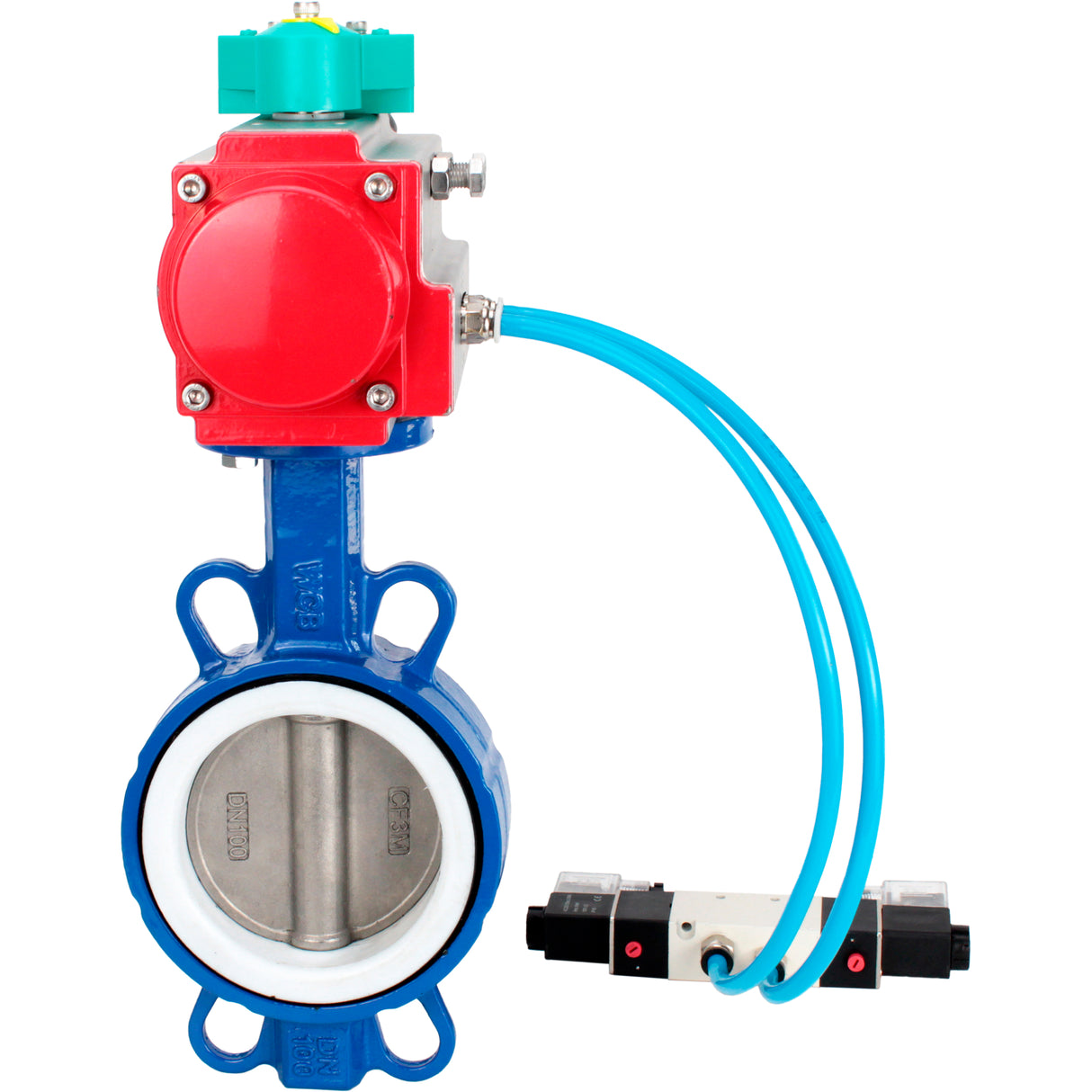 Water Butterfly Valve Elephant WBV3432P-2W-Fb-H DN40-300 16 bar body - WCB carbon steel, disc - 316L stainless steel, seal - PTFE, with pneumatic actuator PA-DA-XXX, pneumatic distributor 4V320-08 220V and ALS200D magnetic switch