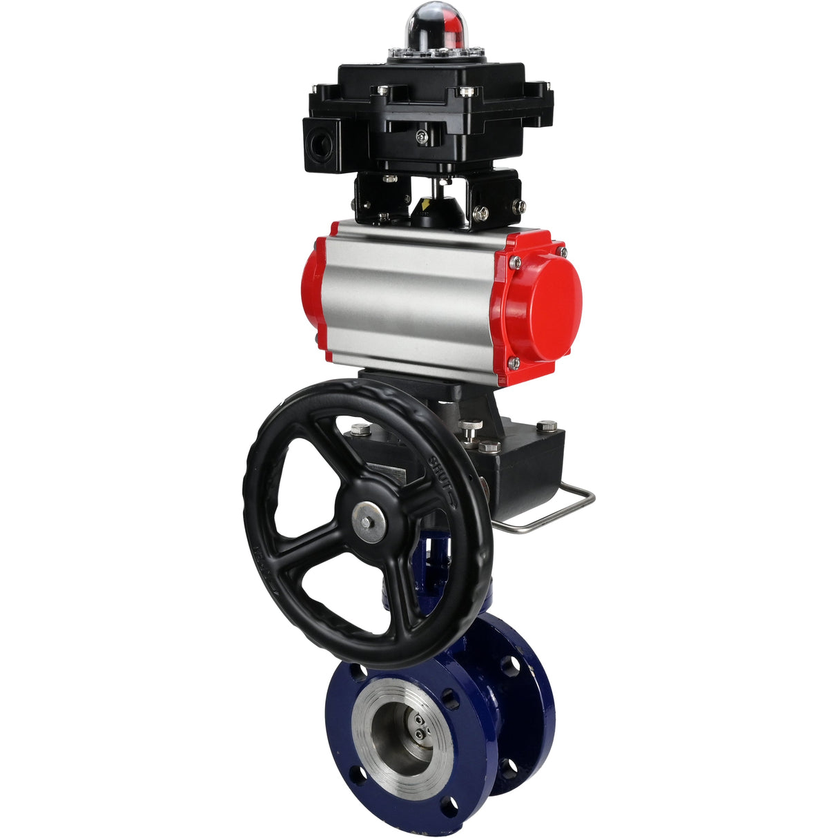 Wasser-Schmetterlingsventil Elephant WBV3EX-3432M-1W-F-ISO, Gehäusematerial - Kohlenstoffstahl, Scheibenmaterial - Edelstahl AISI 316, Dichtung - Metall, pneumatischer Antrieb PA-DA Doppelwirkung, 4M310-08 24V, LSU APL-410N EX, Handrad MON